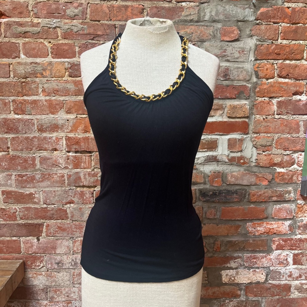 Y2k Black Halter Top Gold Chunky Chain Neckline Open back party club XS